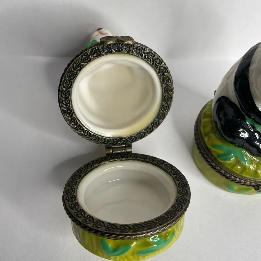 VINTAGE HINGED PORCELAIN TRINKET BOXES 2 PANDAS‎ BEAR EATING BAMBOO LEAVES 2.5”